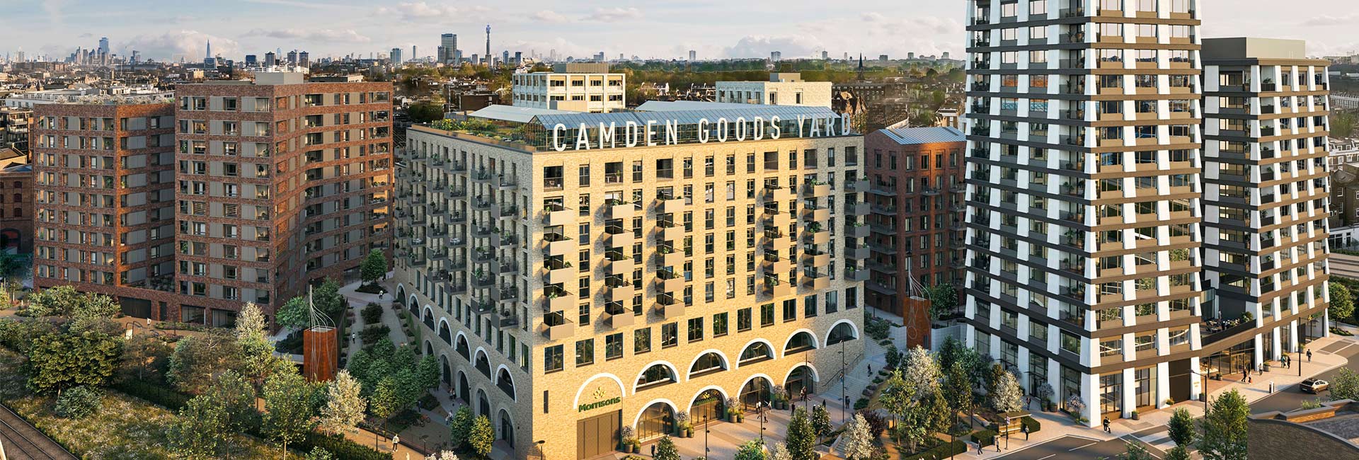 An exterior CGI of Camden Goods Yard
