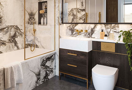 A bathroom with the blanc palette at The Gallery