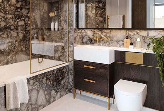 A bathroom with the noir palette at The Gallery