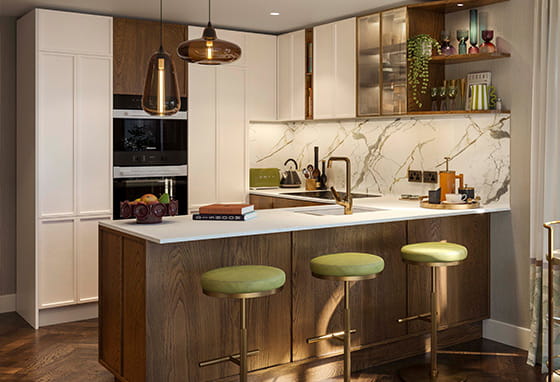 A kitchen with the marron palette at The Gallery