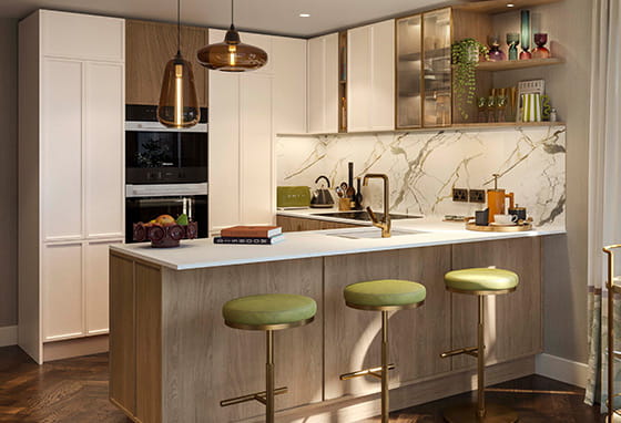 A kitchen with the soleil palette at The Gallery