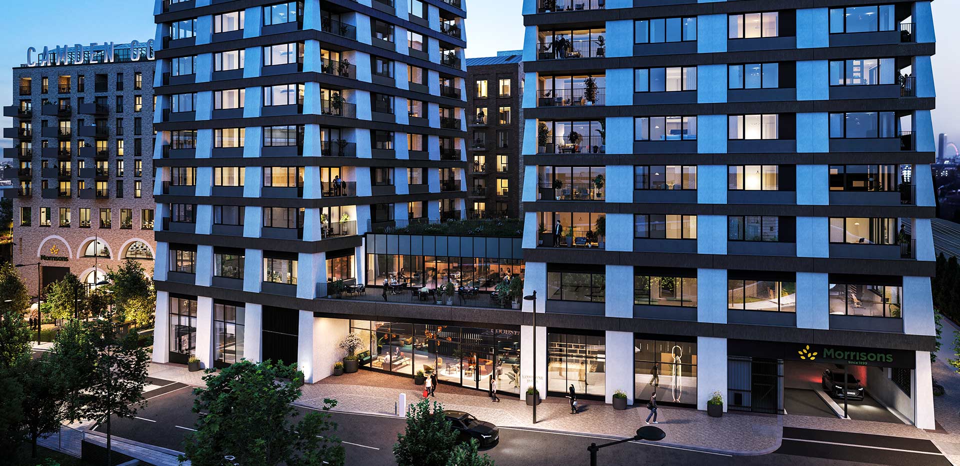 Camden Goods Yard, development exterior during the evening
