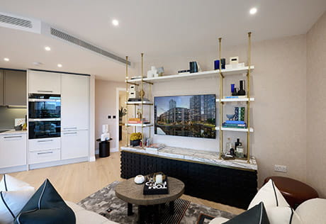 Interior shot of the kitchen/living area at Saffron Wharf, London Dock