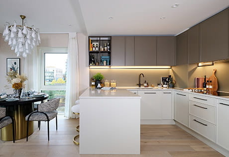 Interior shot of the kitchen/dining area at Saffron Wharf, London Dock