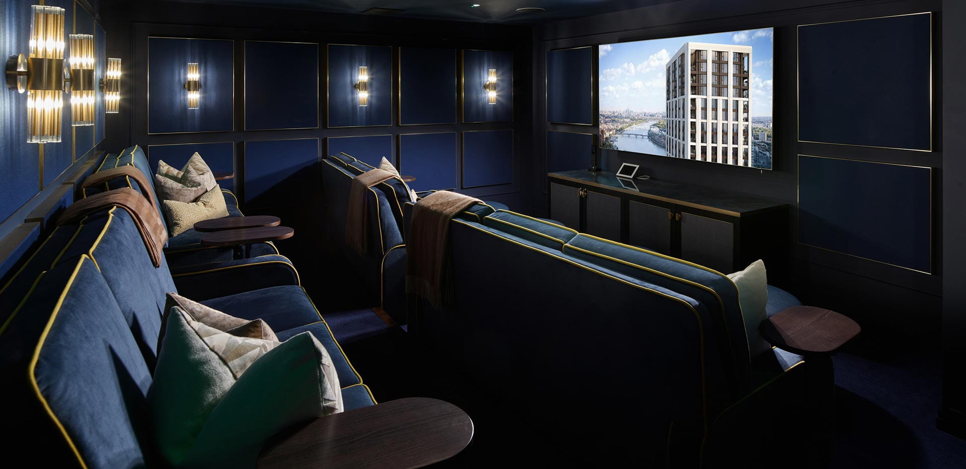An interior image of the Cinema Room at The Halcyon