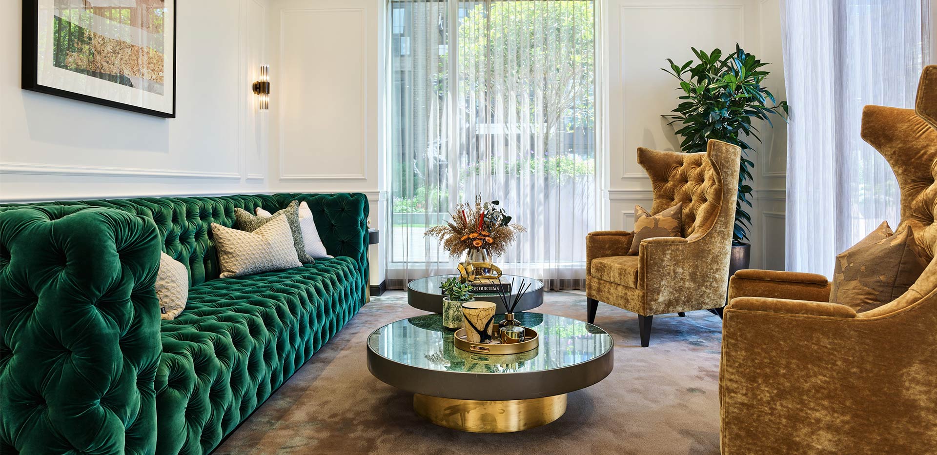 An interior image of the Lobby waiting area at The Halcyon