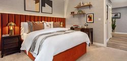 Two bedroom show apartment double bedroom with vibrant colour design