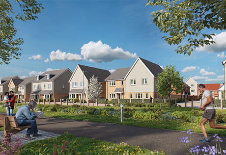 CGI of Eastbrook Village Exterior landscaped path, with park bench and greenspaces