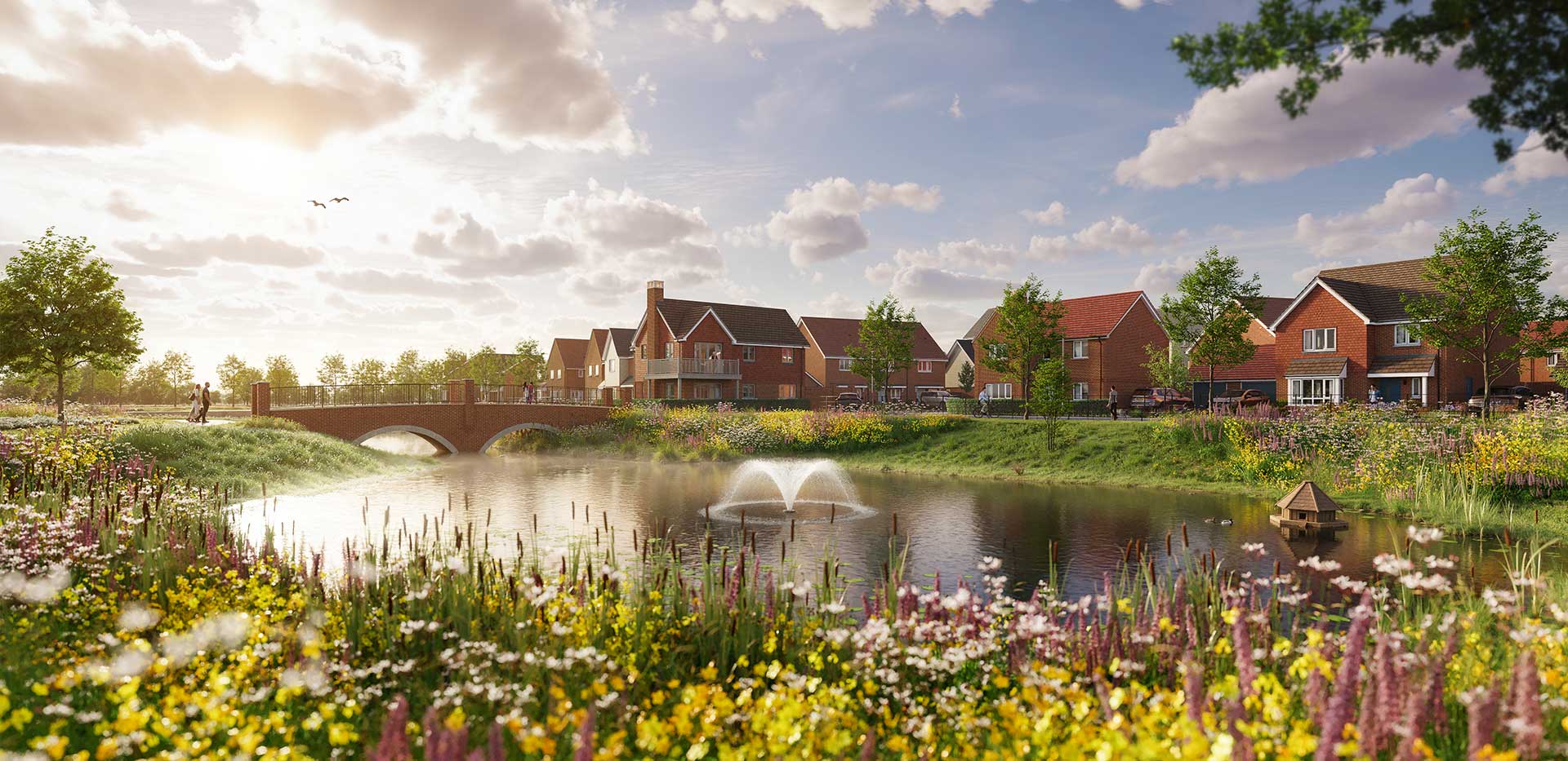 An exterior CGI of Eastbrook Village with the entrance bridge over the pond