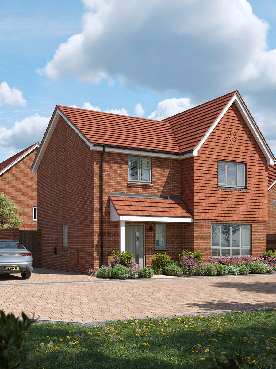 An exterior CGI of The Cedar house type at Eastbrook Village