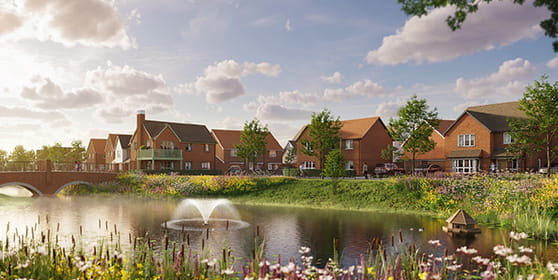 An exterior image of the housing development Eastbrook Village boasting a beautiful lake