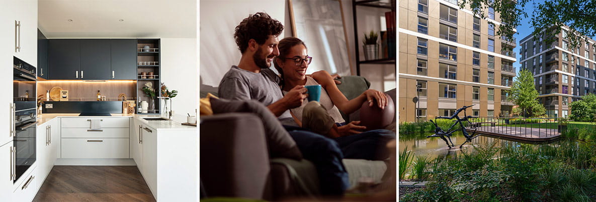 A montage of images at Eden Grove: Interior Modern Kitchen, Exterior building and landscaped garden, couple relaxing on sofa