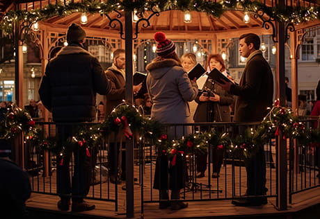 An image of people standing and singing christmas songs in the evening surrounded by christmas decorations