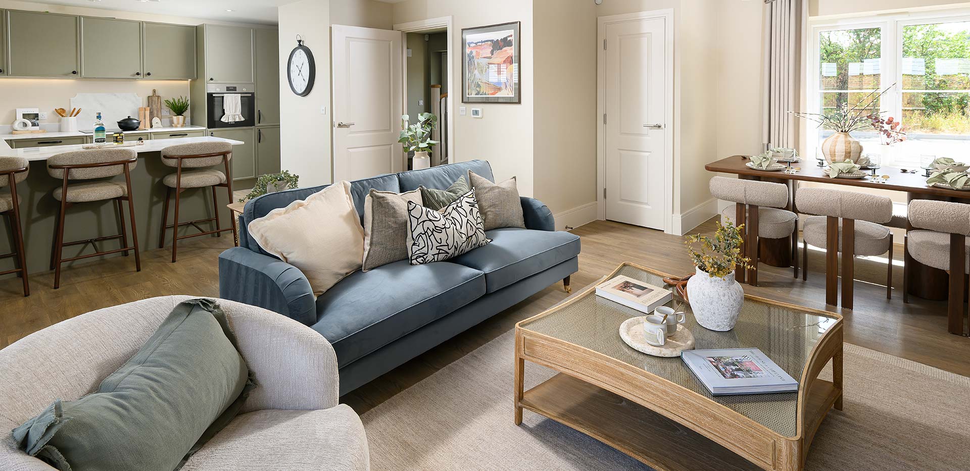 An interior photograph of the Living / Dining / Kitchen area from the 3 Bedroom Showhome at Foal Hurst Green