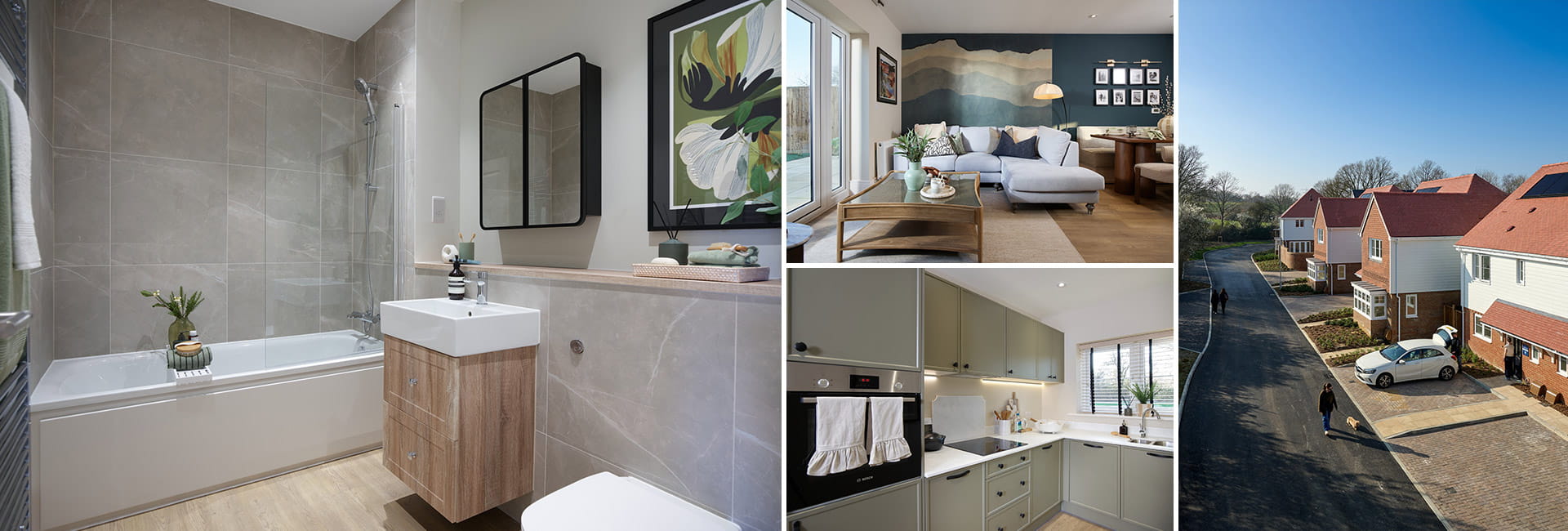 A montage for Foal Hurst Green Development including interior photos of the bathroom, living area, kitchenette and exterior road