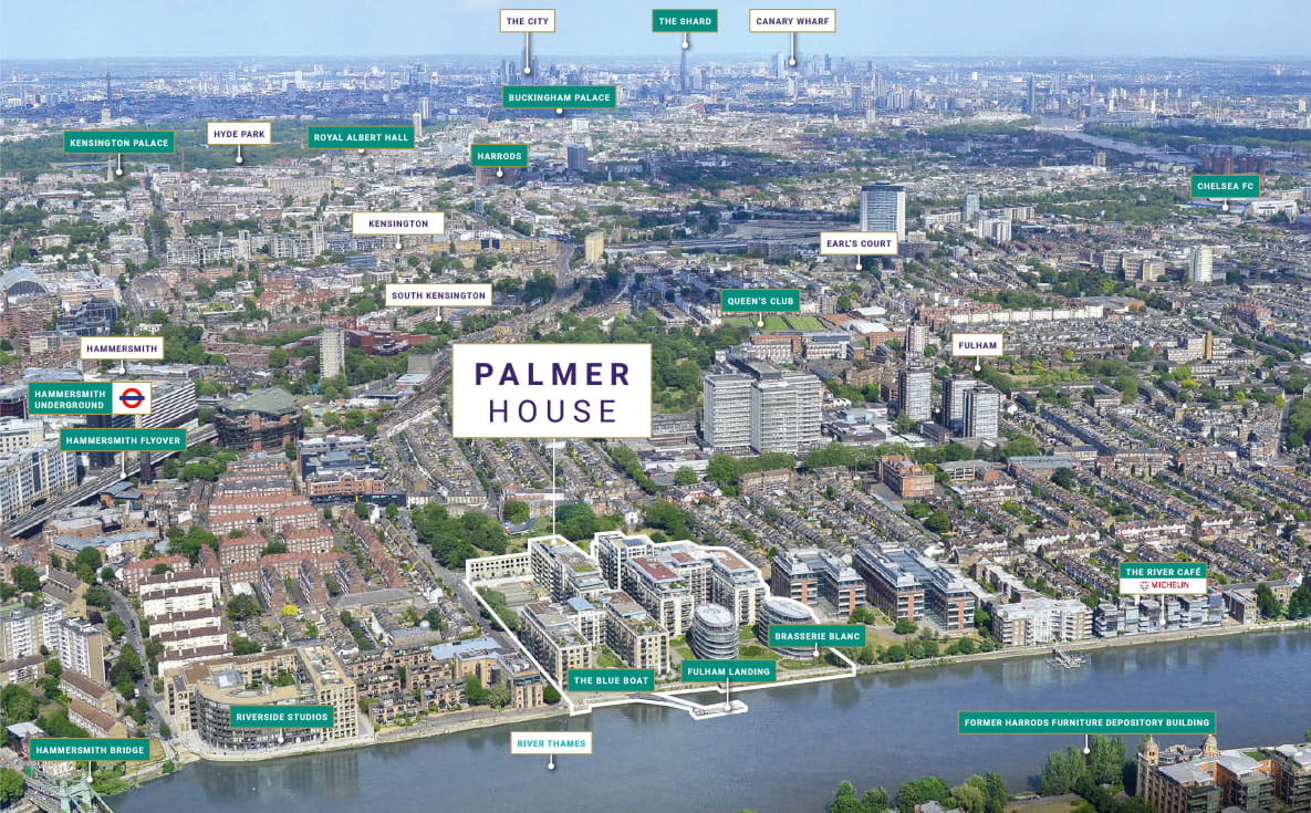 Map of London showing the location of Palmer House at Fulham Reach