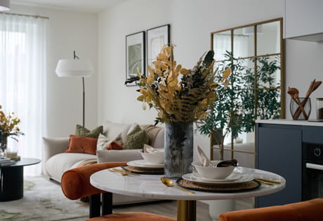 Modern, bright colour design, closeup of dining table, with living space in background.