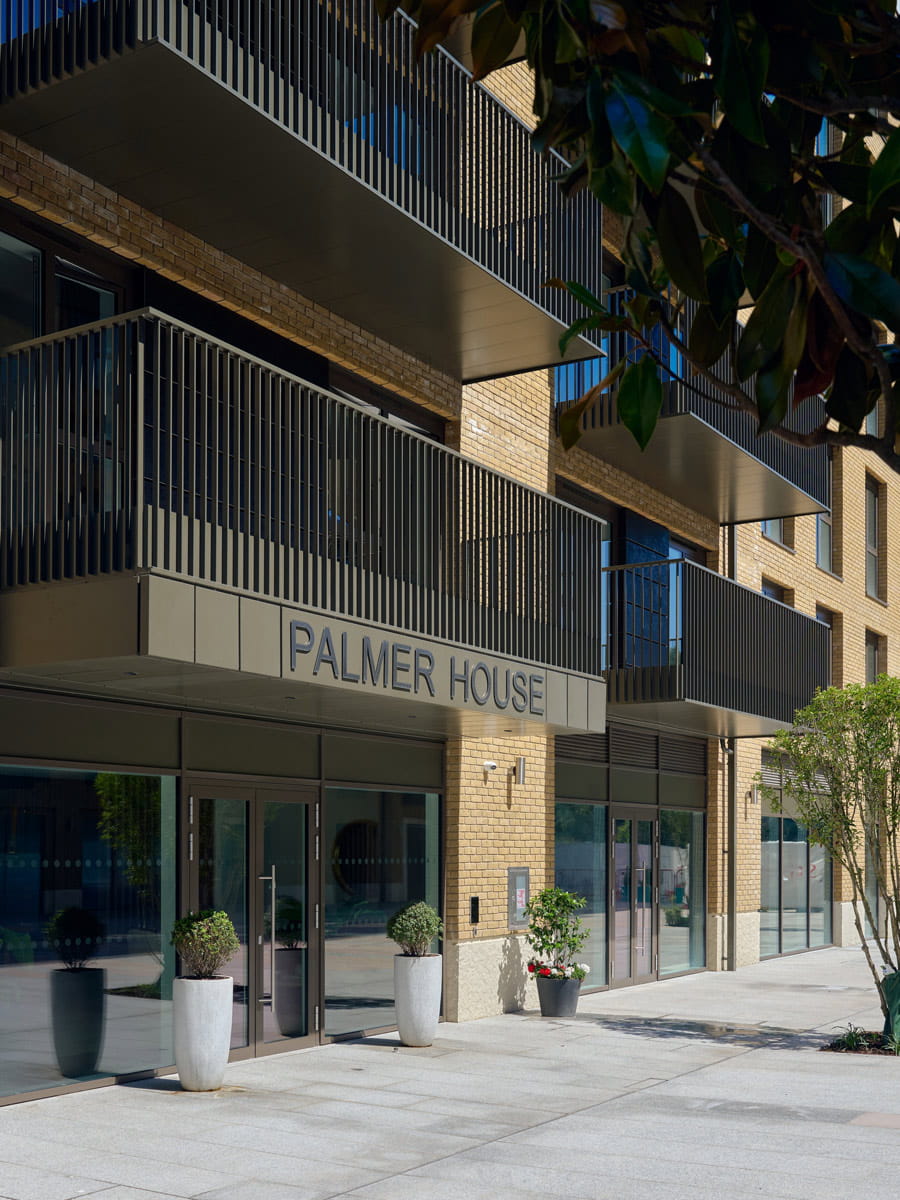 CGI of exterior flat development front entrance palmer House.
