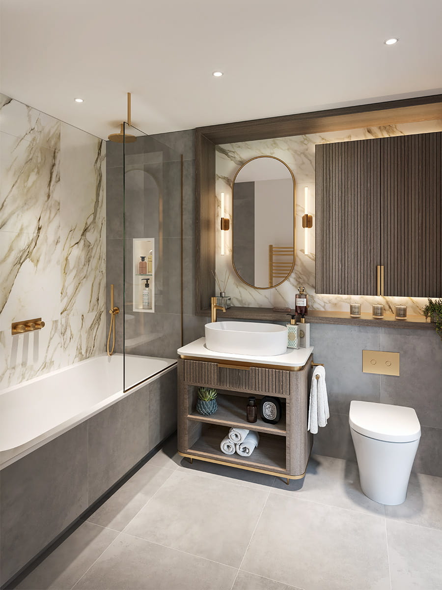 Fulham Reach, Palmer House, Interior Dusk, Bathroom