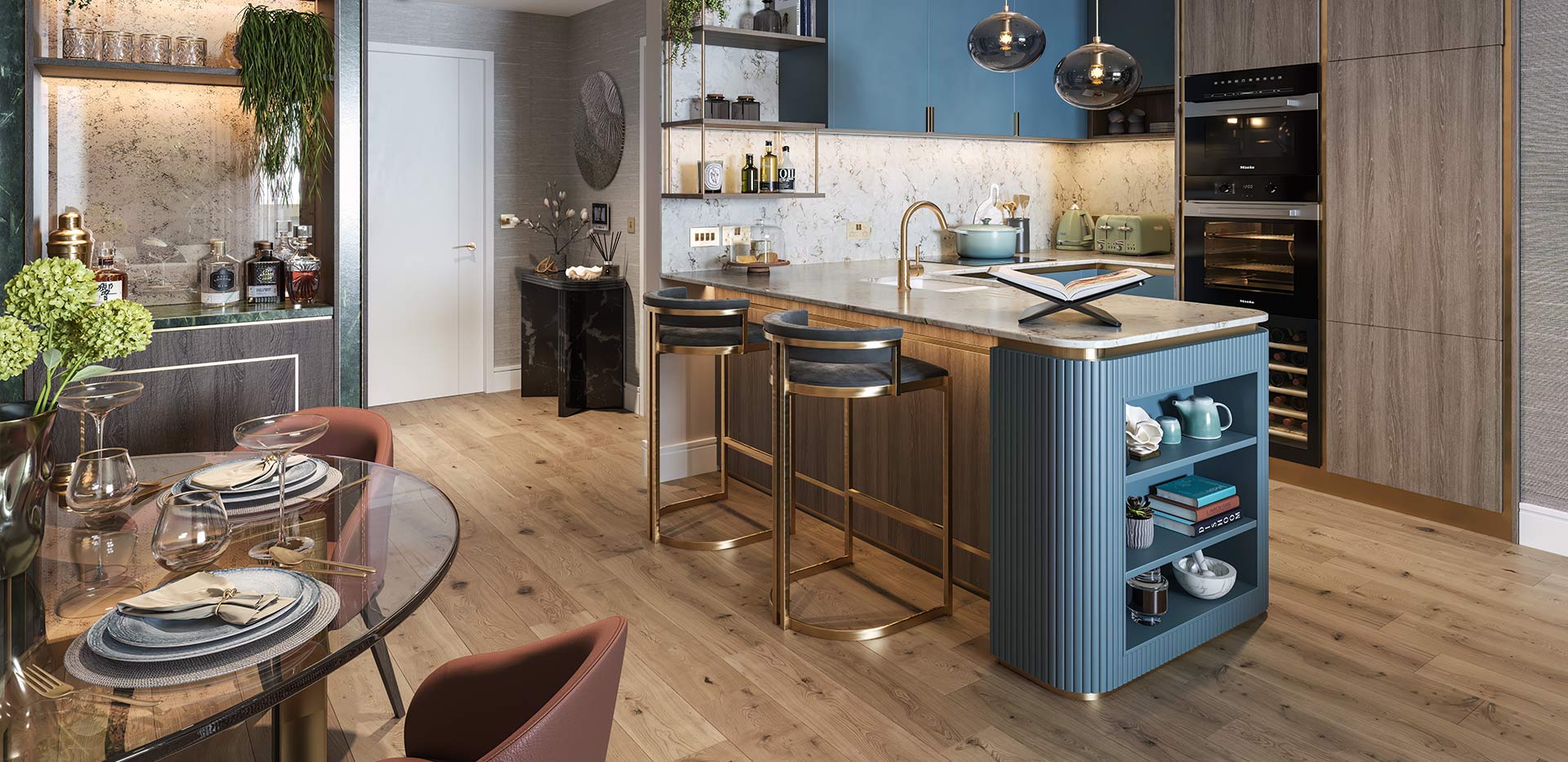 Fulham Reach, Palmer House, Interior Dusk, Dining / Kitchen