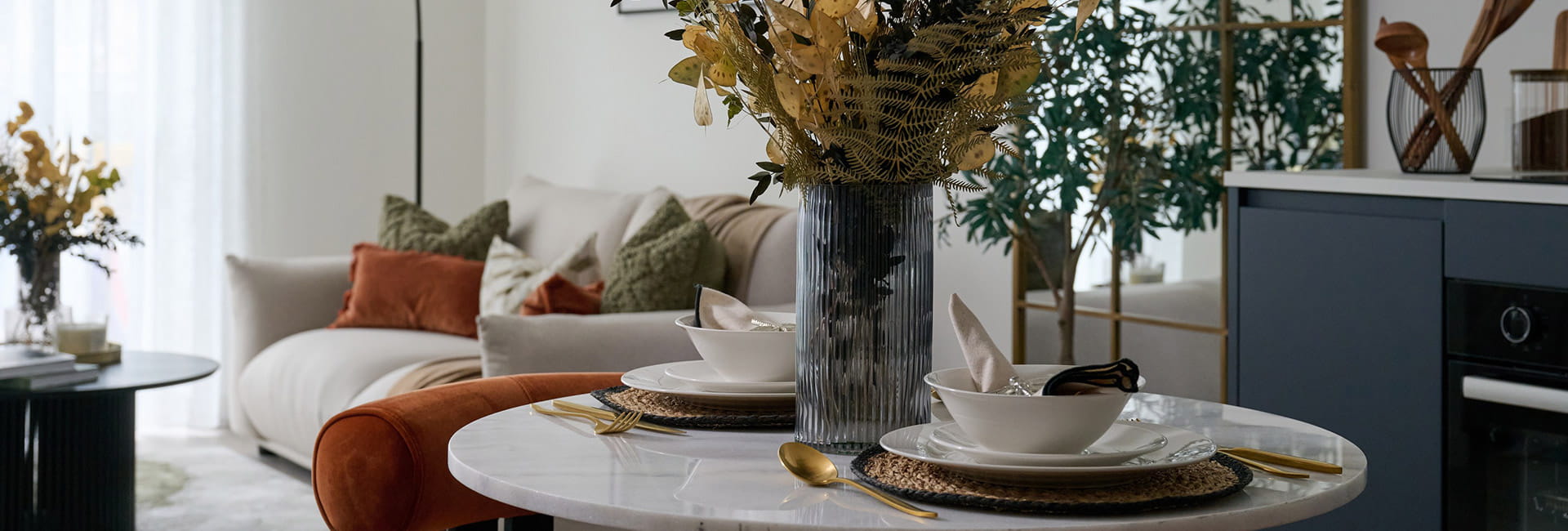 Fulham Reach home - close-up image of the dining room table and detailed interior design