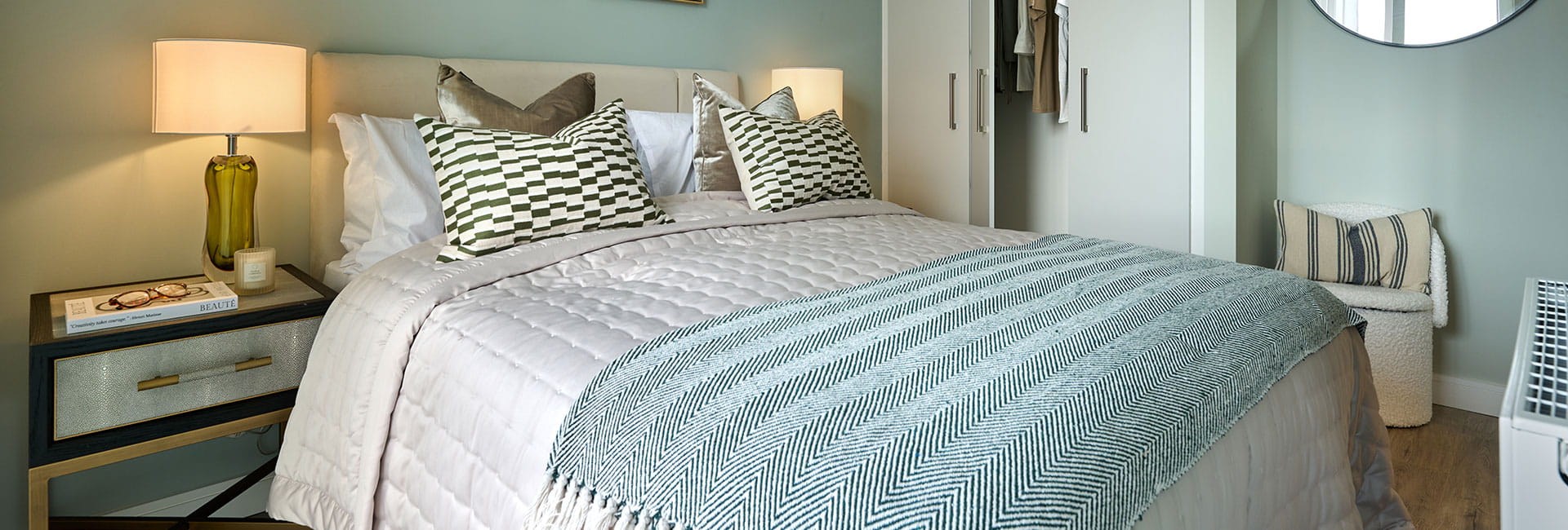 Fulham Reach, apartment, spacious bedroom with cosy lighting