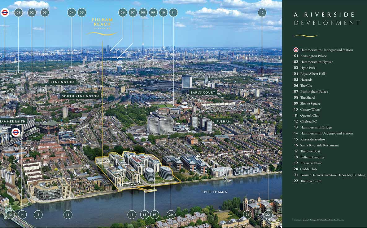 An image of London highlighting Fulham Reach with labels