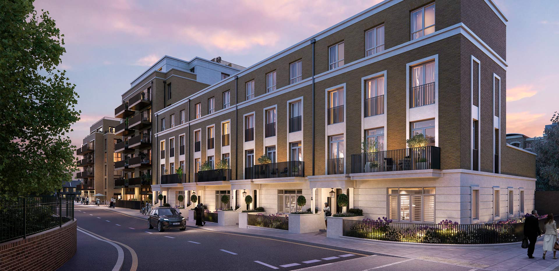 An exterior dusk CGI of the Townhouses at Fulham Reach