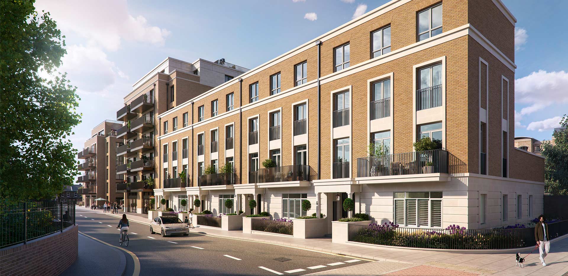 An exterior daytime CGI of the Townhouses at Fulham Reach