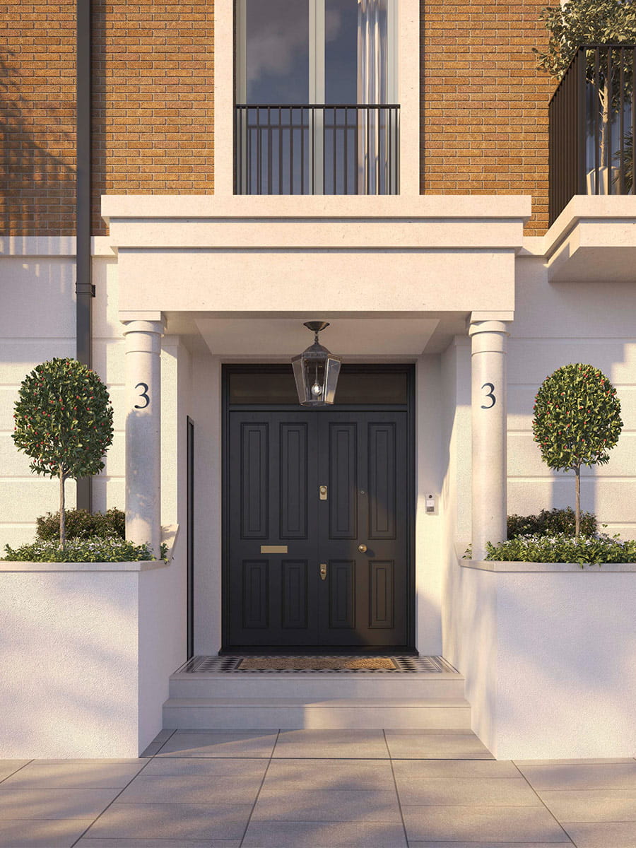 An exterior CGI of the front door to a Townhouse at Fulham Reach