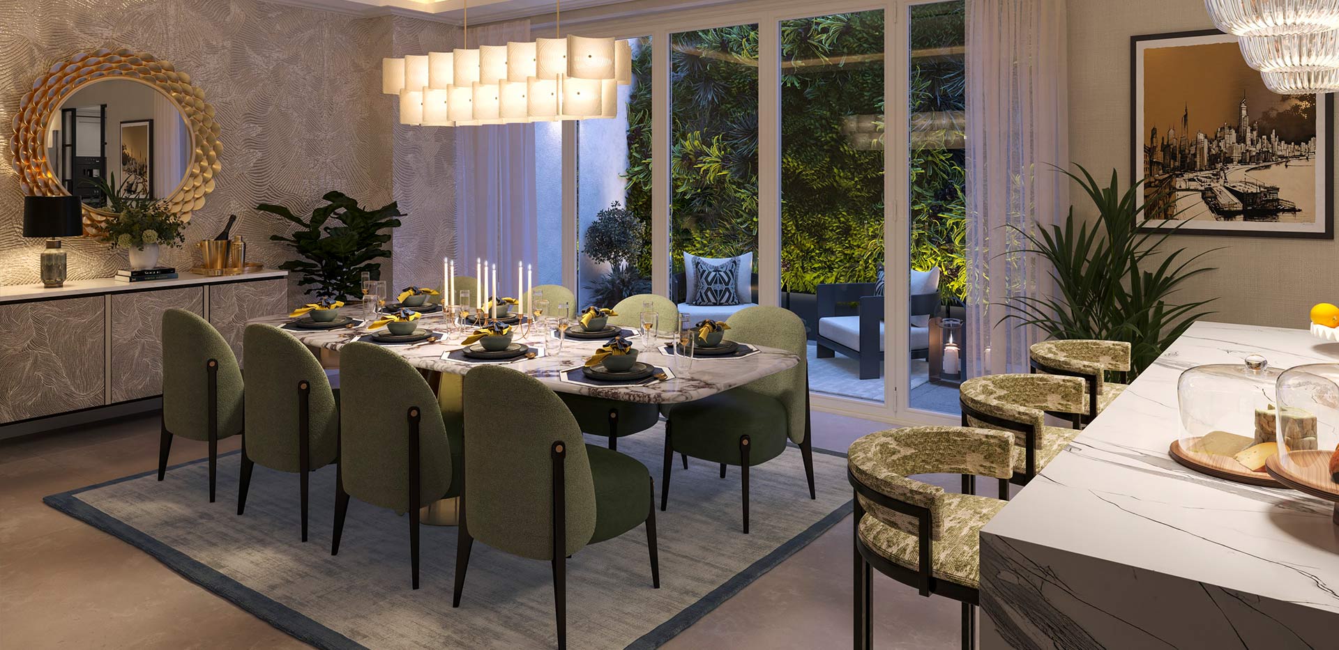 A CGI image of the Dining Room at The Townhouses at Fulham Reach