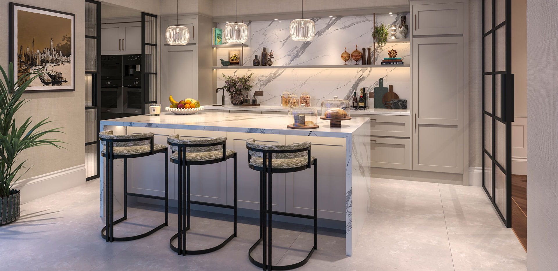 A CGI image of the Kitchen at The Townhouses at Fulham Reach