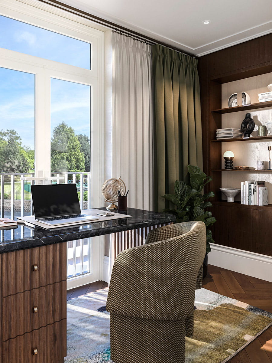 An interior Study CGI at the Townhouses at Fulham Reach