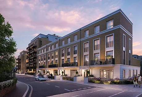 An exterior dusk CGI of the Townhouses at Fulham Reach