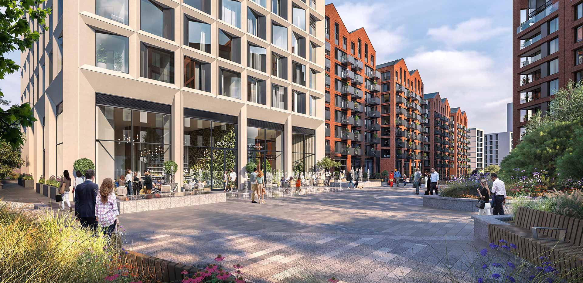 Exterior daytime CGI at Glasswater Locks with residents enjoying the development