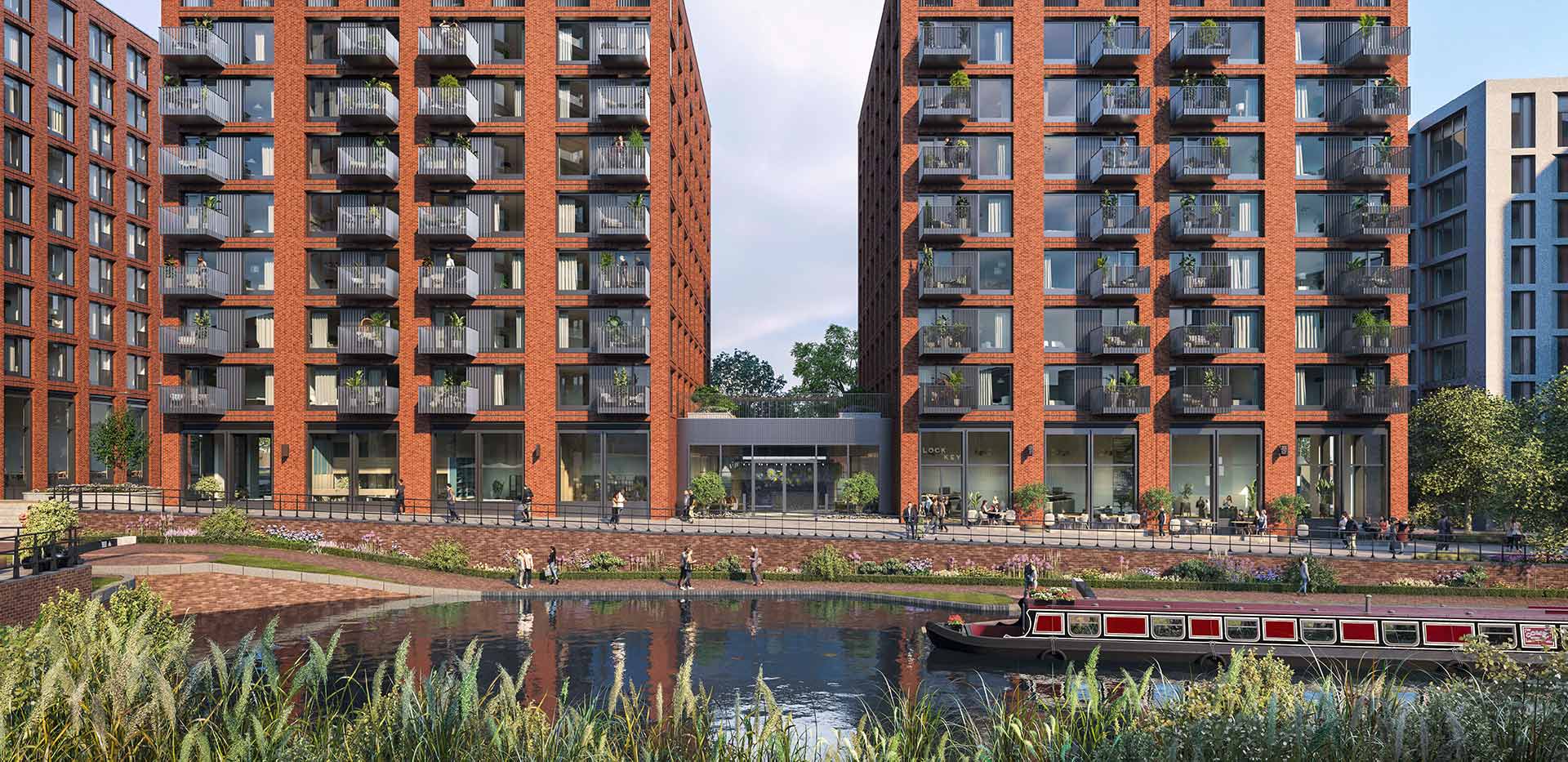 Exterior daytime CGI of Glasswater Locks apartments