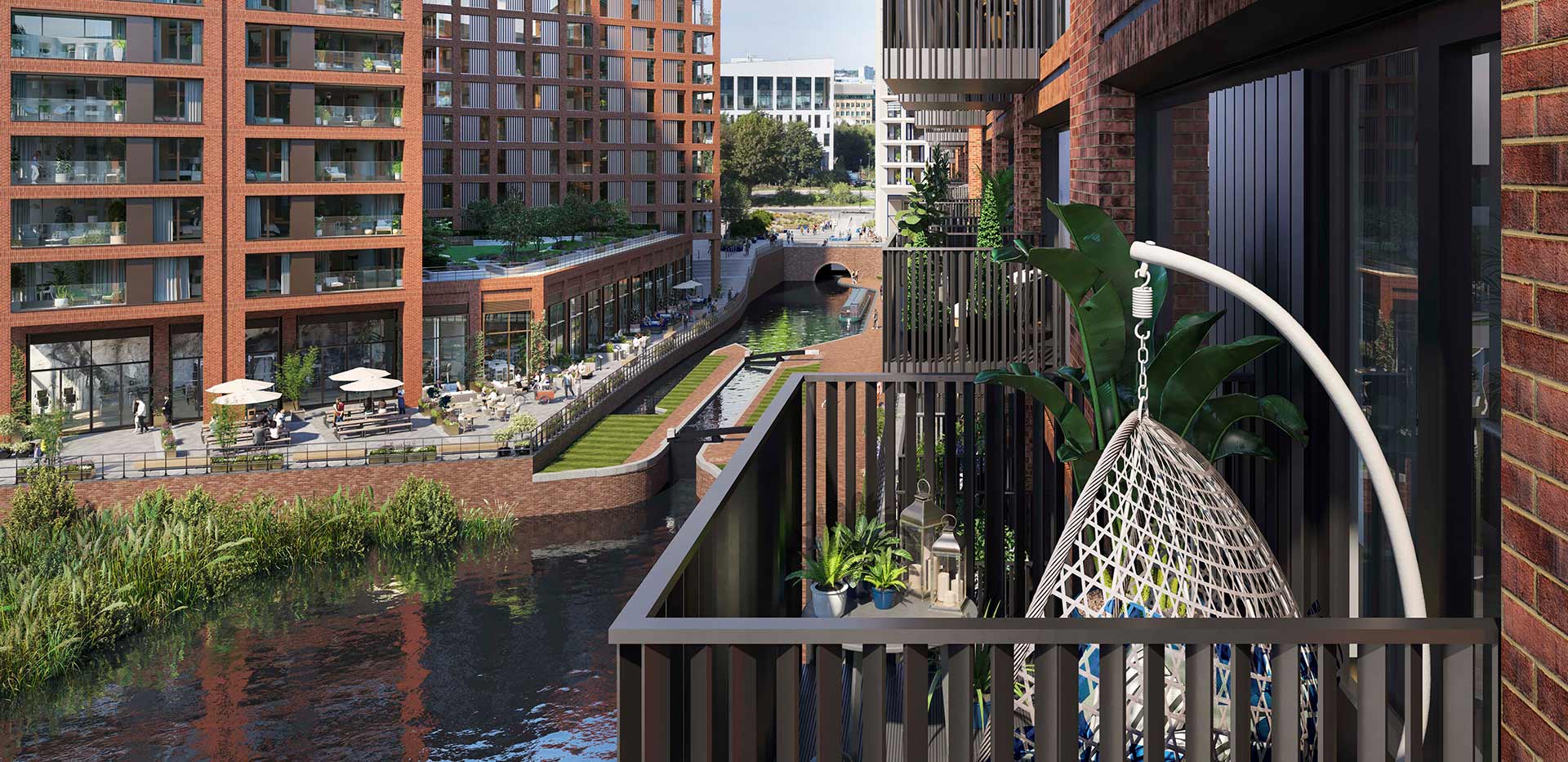 Exterior daytime CGI of Glasswater Locks apartments