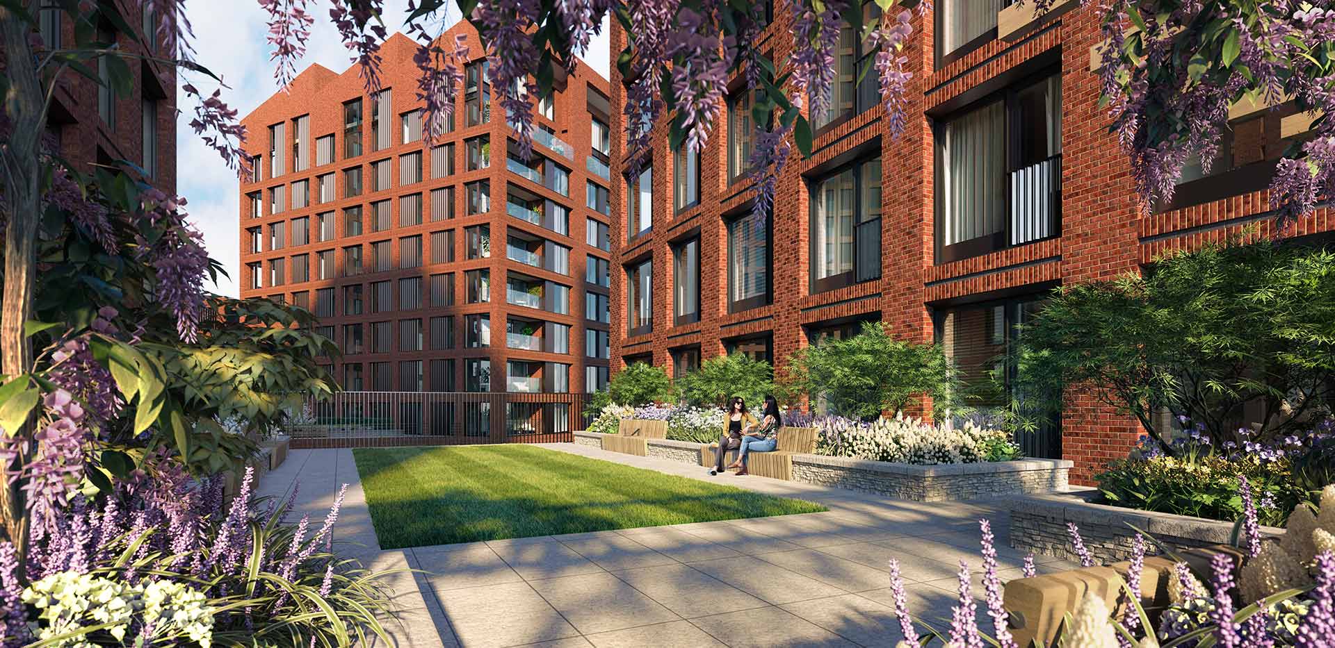 Exterior daytime CGI of Glasswater Locks apartments with residents outside