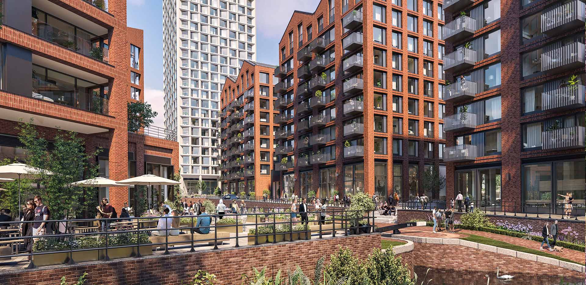 Exterior daytime CGI of Glasswater Locks apartments with residents outside