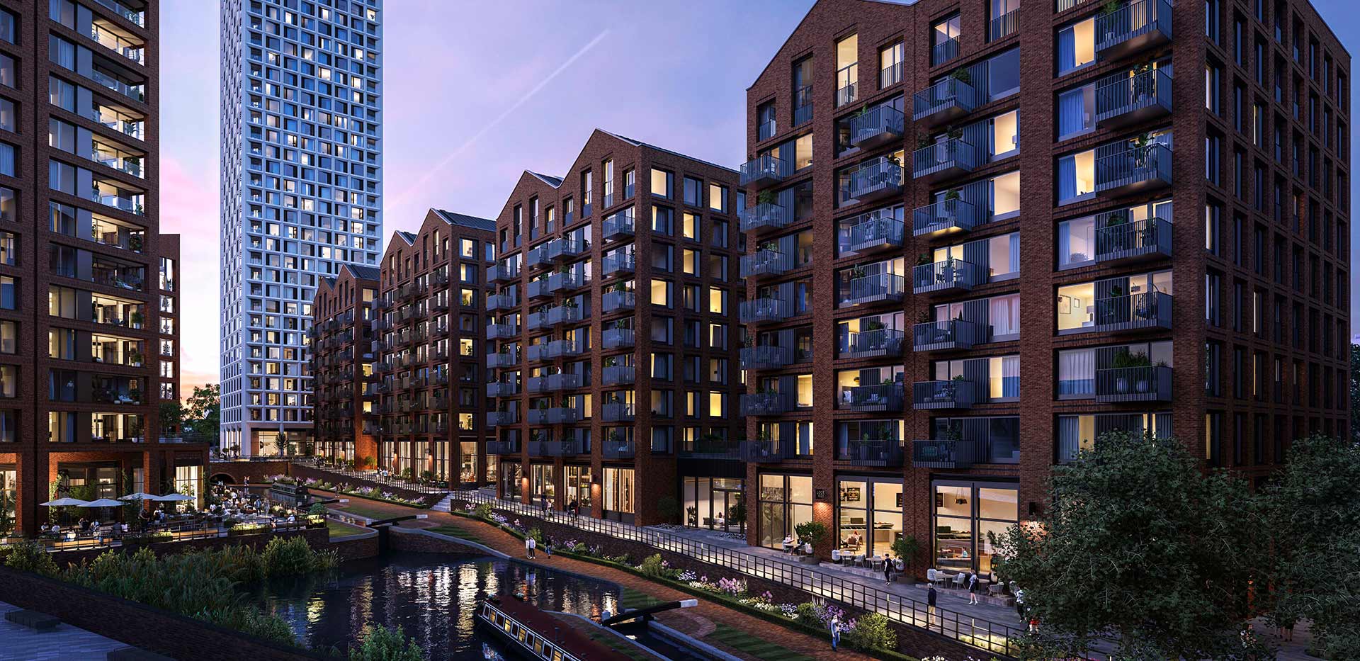 Exterior night CGI of Glasswater Locks apartments