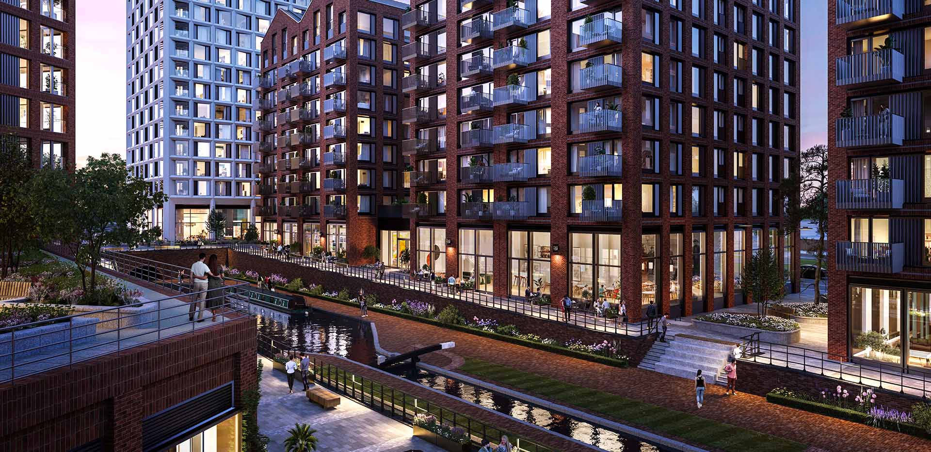 Exterior night CGI of Glasswater Locks apartments