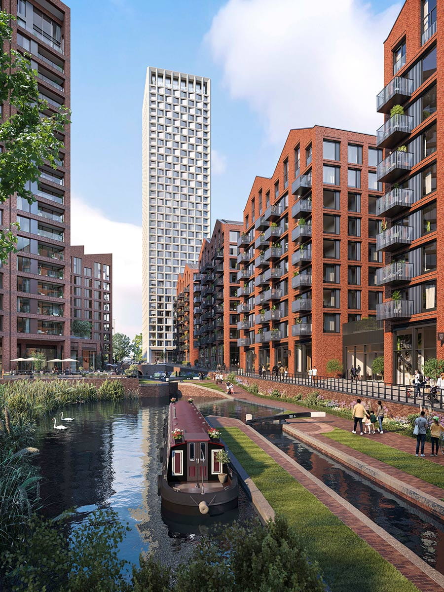 Exterior daytime CGI of Glasswater Locks apartments