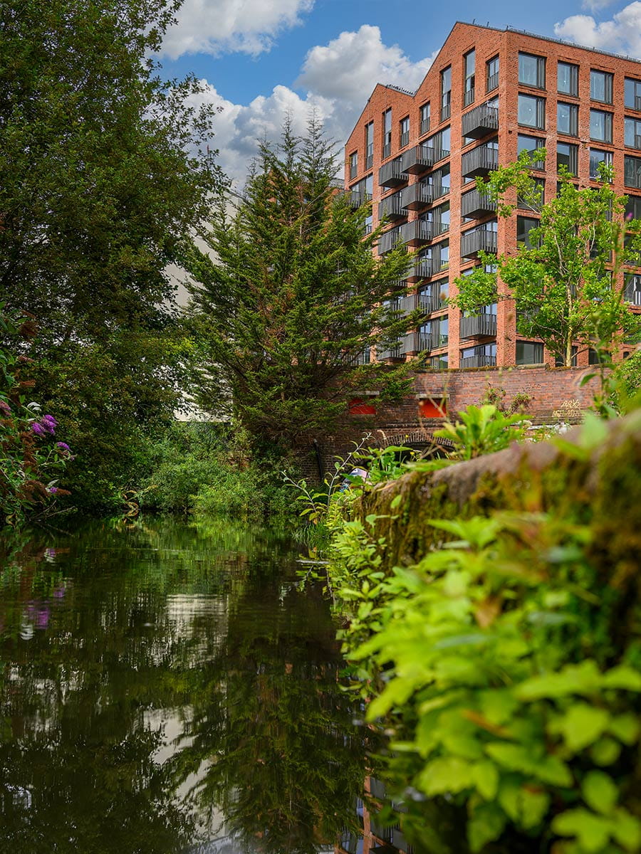 An exterior image of Glasswater Locks near the canalside