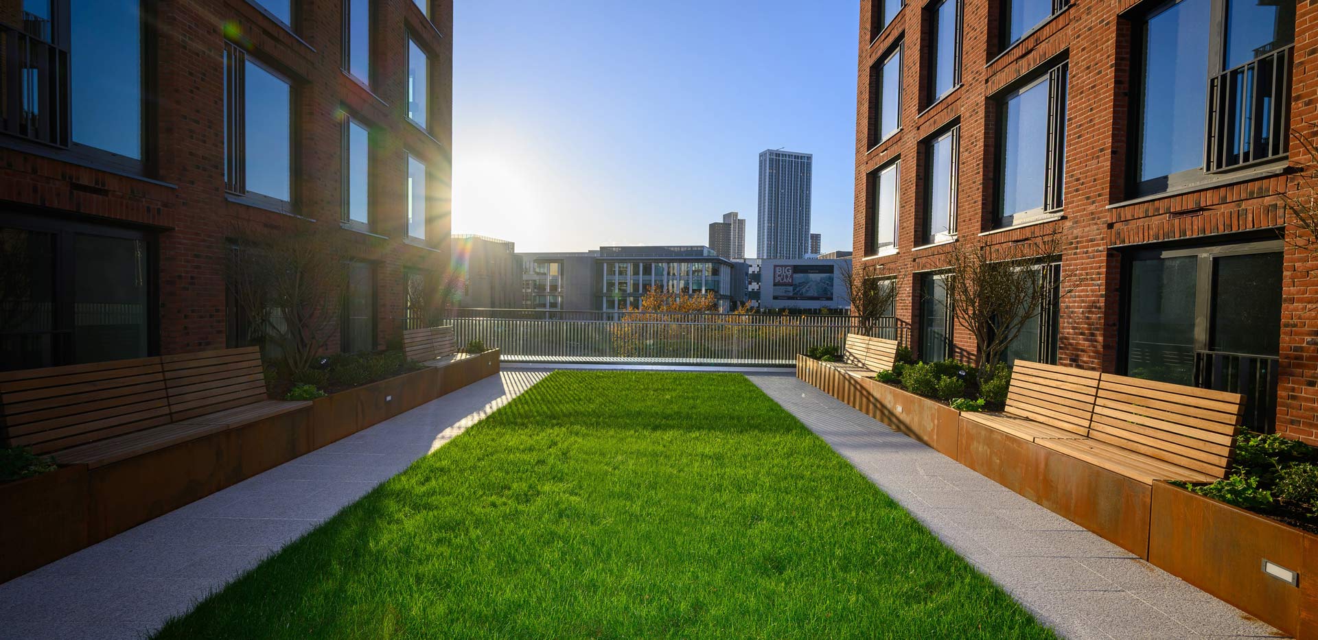 Grassed lawn with walking paths and new build developments either side