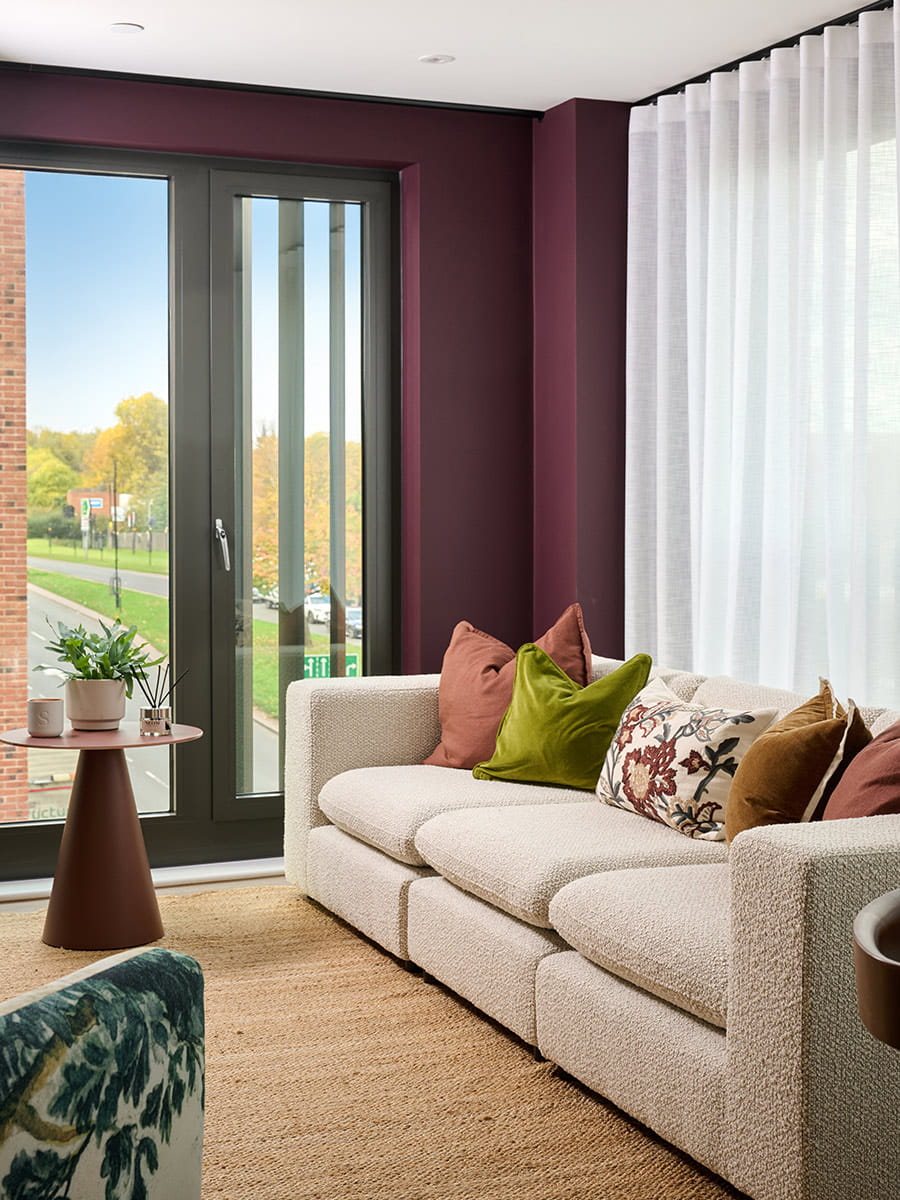 Glasswater Locks living area with large sofa