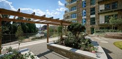 An exterior image of a roof-top terrace at Grand Union development