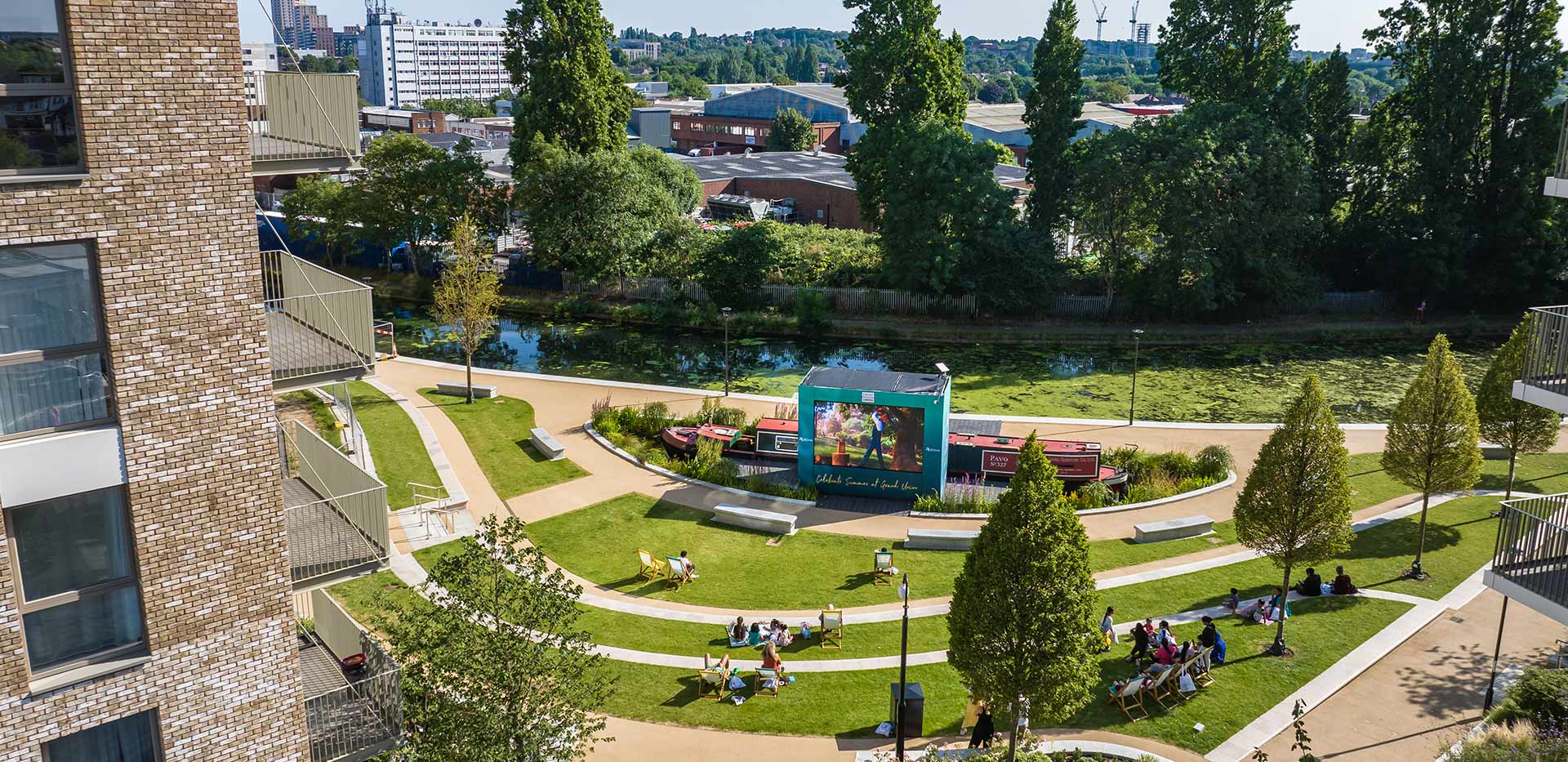 Image of the canalside cinema from a balcony view
