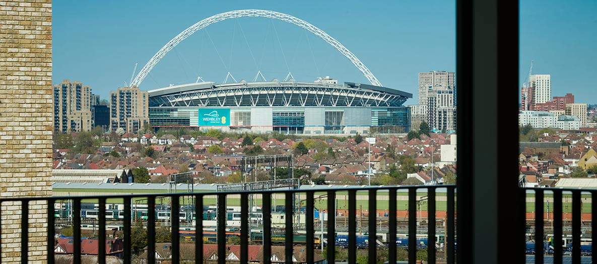 An view of Wembley Stadium from a balcony at Grand Union
