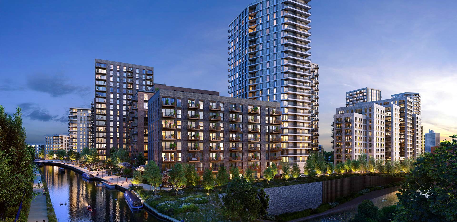 An exterior dusk time CGI of Peninsula House at Grand Union 