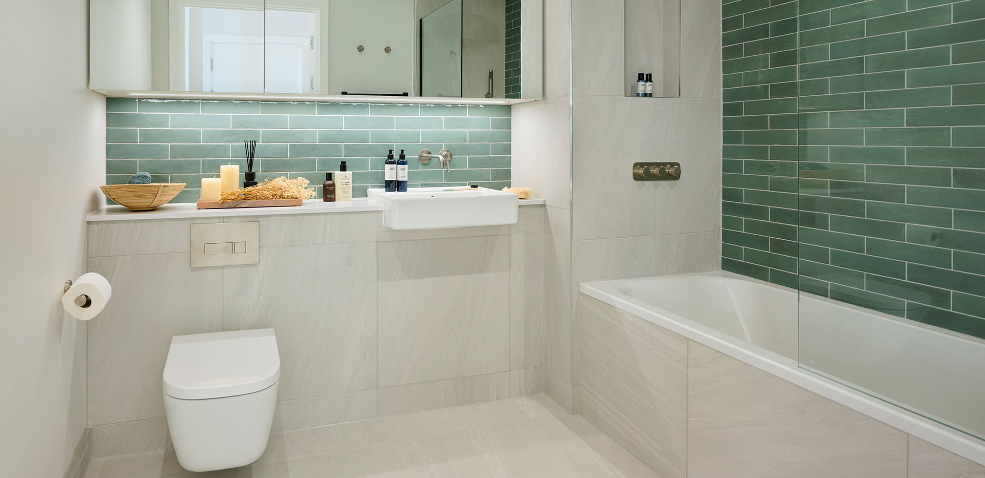 The Iris, spacious bathroom with teal design